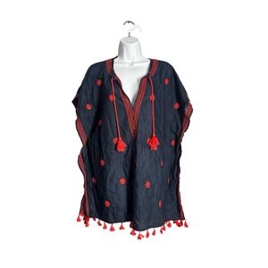 J Crew Navy w/ Red Design Pom Pom Embellished Bottom Trim Swim Cover Up Size‎ M